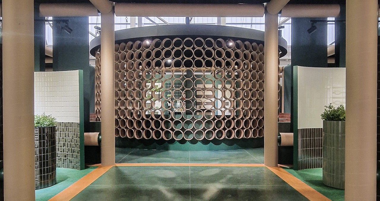 Entrance to the WOW Design stand at Cersaie 2026, framed by ceramic screens